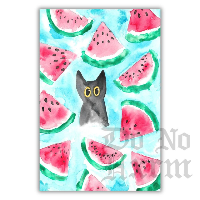 'Watermelons' Black Cat Watercolour Art Print (6x4)