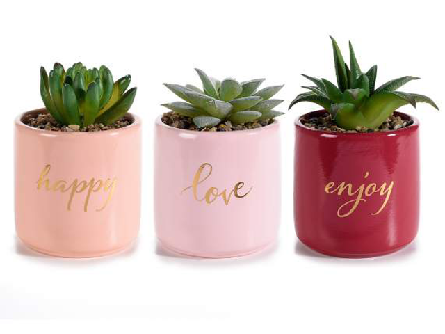 Vaso in ceramica con piantina artificiale e scritte dorate