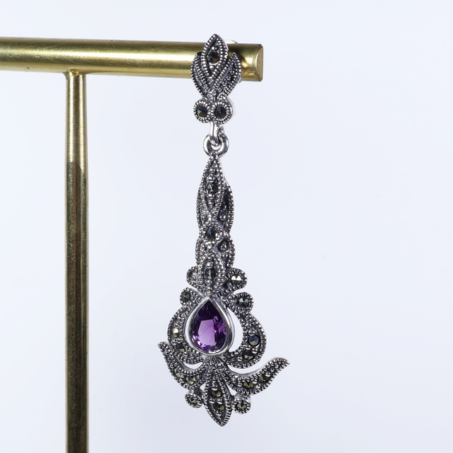 Art Nouveau Style Sterling Silver 925 Pear Cut Purple Amethyst Marcasite Gemstone February Birthstone Ornate Arrow Design Drop Earrings