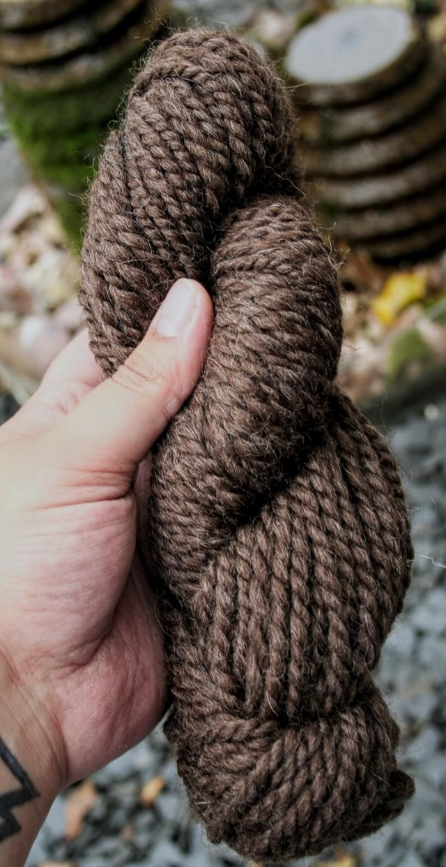 Écheveau de laine teinture végétale brou de noix, 90 gr, retord deux fils 