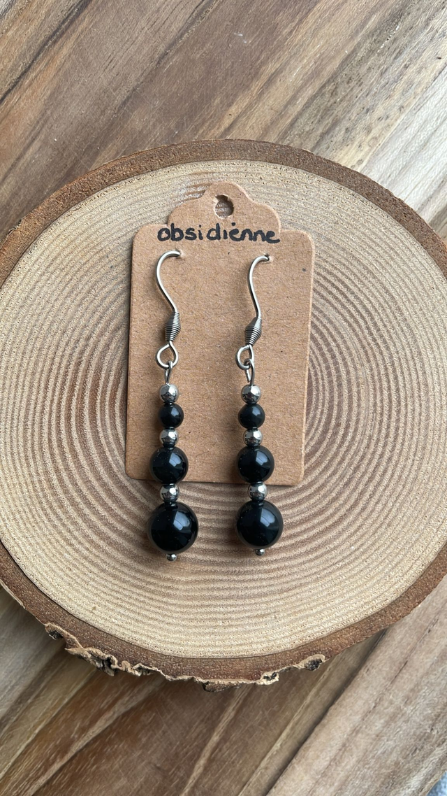 Boucles pendantes OBSIDIENNE Acier inoxydable argenté
