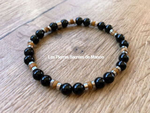 Bracelet Tourmaline et Bois pétrifié - Perles de 6mm