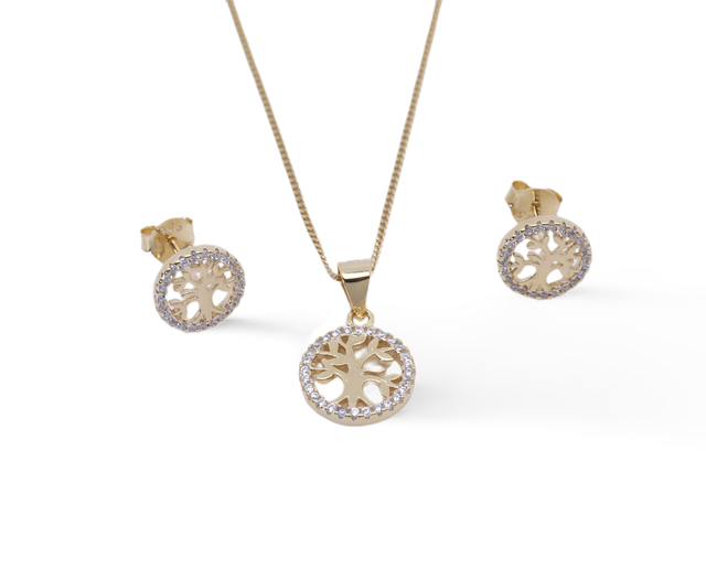 Goldene Eleganz: Lebensbaum-Schmuckset aus vergoldetem 925er Silber mit Zirkonia