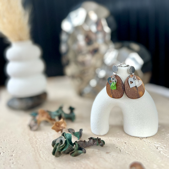 Boucles d'oreilles "Cœur de Nature" – Madré Cacao &amp; Verre Marin