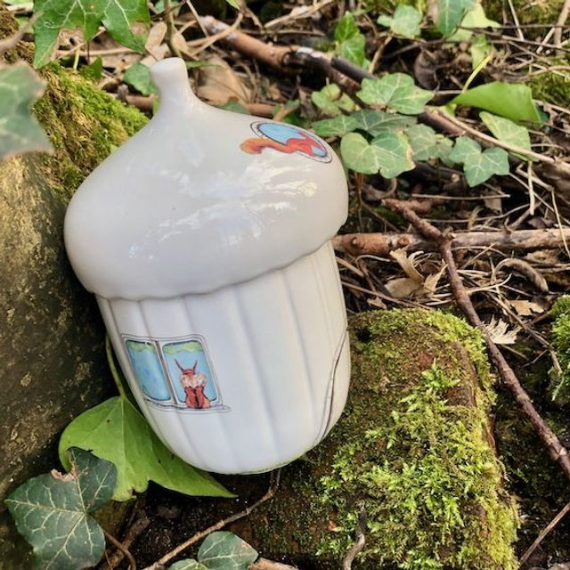 Squirrels upcycled jewelry box in the form of an acorn