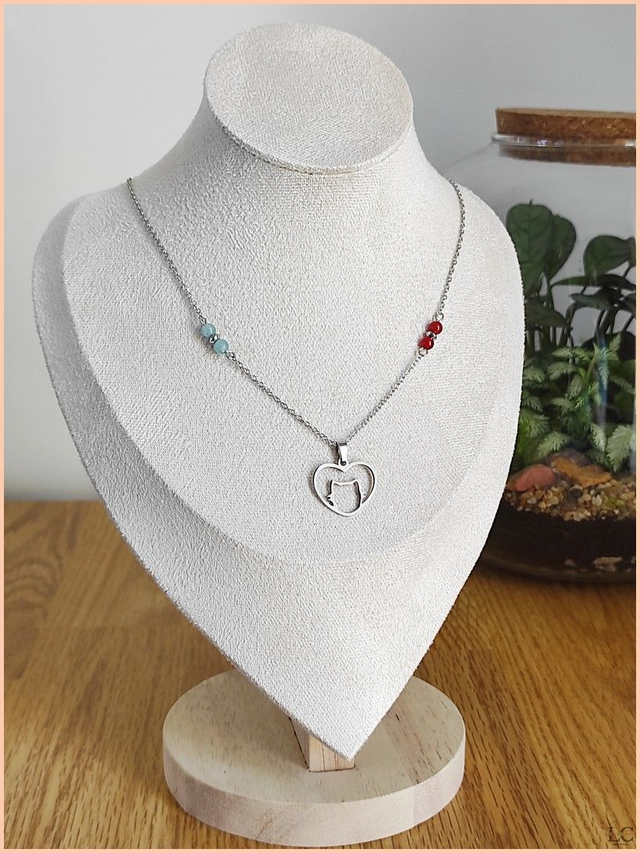 Collier chat, pierre naturelle - Agate rouge et Aquamarine