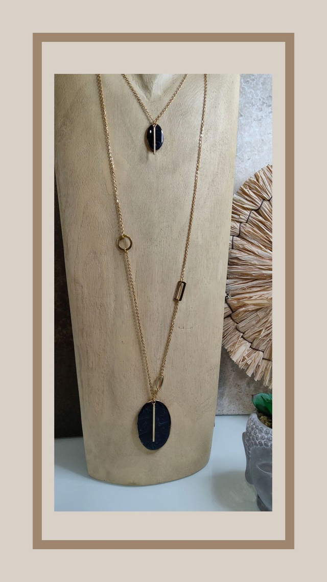 Collier 2en1 bleu nuit ovale doré 