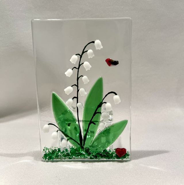 Lily of the Valley &amp; Robin Fused Glass Tealight