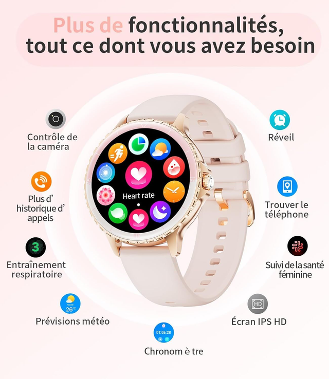 Montre Connectée Femme Dorée – Acier Inoxydable, Appel Bluetooth, Suivi Cardiaque & Sommeil, +100 Modes Sport 🌸