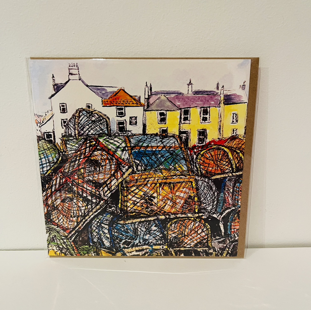 Greetings card- Eyemouth Harbour Creel Pots