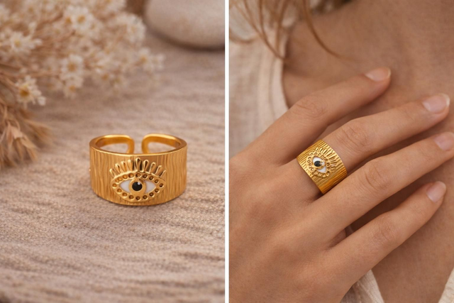 Bague réglable œil protecteur en acier inoxydable 316L – Cabochon fantaisie