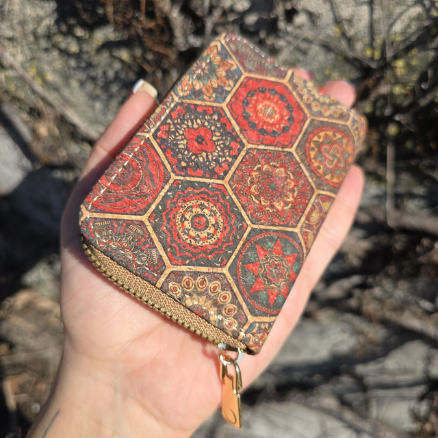 Porte-cartes accordéon "Margot" en liège imprimé tons bleu/terracota 