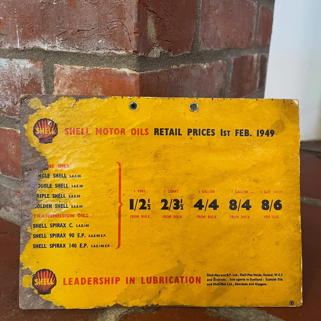 1949 Shell Motor Oil Retail Prices Petrol Station Show Card