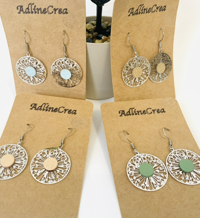 Boucles d'oreilles acier inoxydable argenté avec rond en cuir