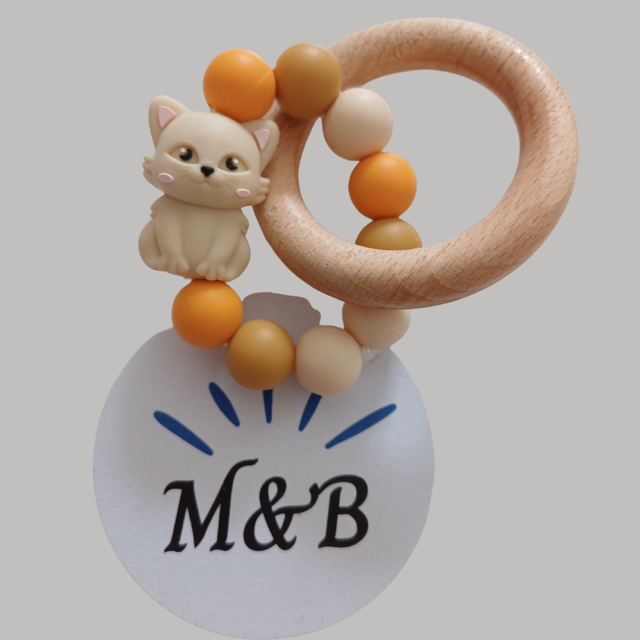 🔸 Anneau de dentition bois & silicone – Chat beige 3D 🐱