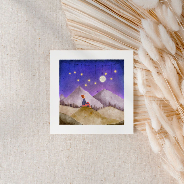 La fille et le Ciel étoilé | Carte, mini affiche 10 cm 