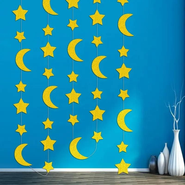 Moon and Star Garland - Gold Glitter