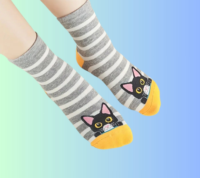 A Chaussettes rayées gris et blanc Chat Cœur 