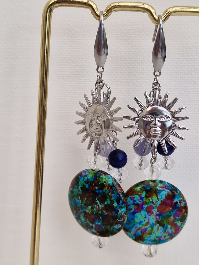 Boucles D'oreilles Acier Soleil Pierre Naturelle Aquamarine Lapiz Lazuli Cristal