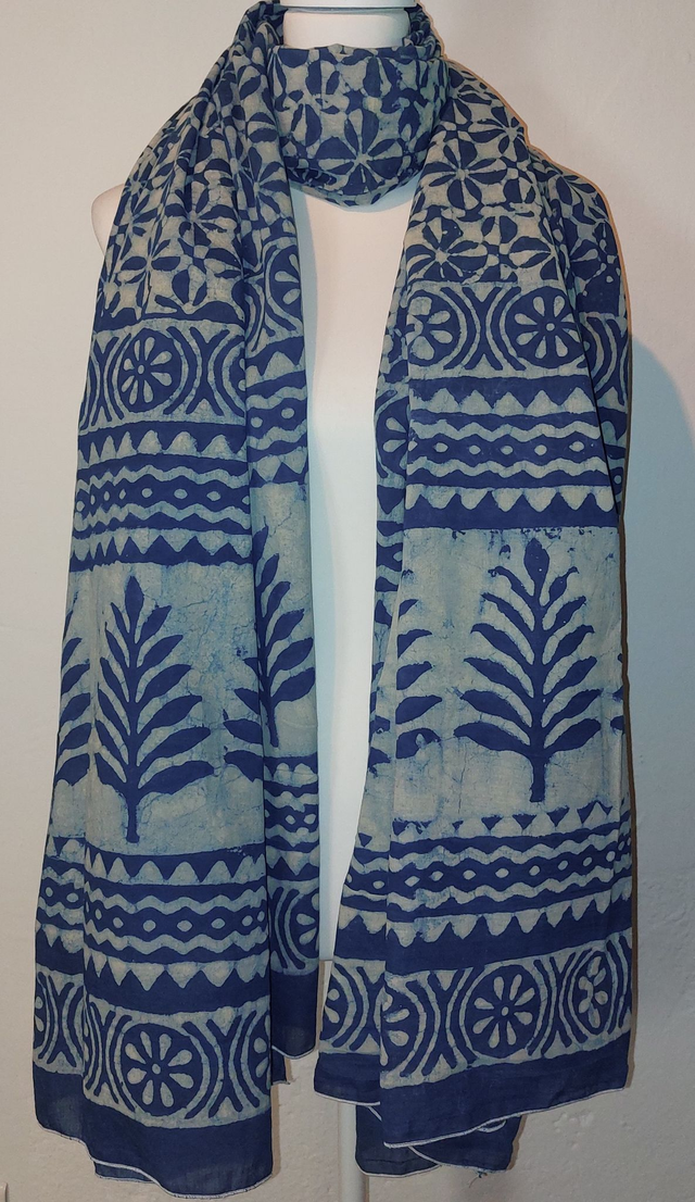 Châle bleu, teinture naturelle indigo, coton imprimé à la main, motif floral - Echarpe légère, dupatta - Cadeau femme artisanal éthique 