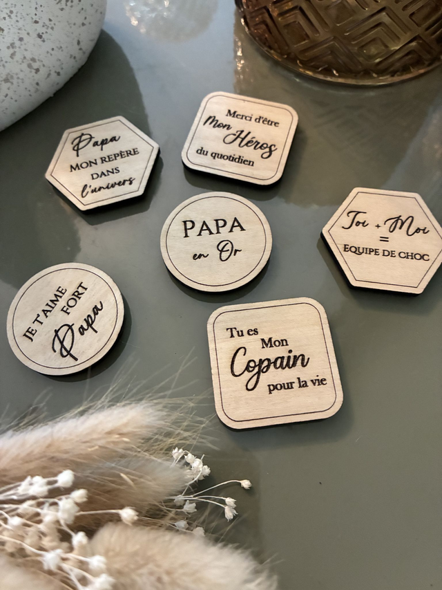 Magnets gravé en bois spécial Papa - Lot de 5