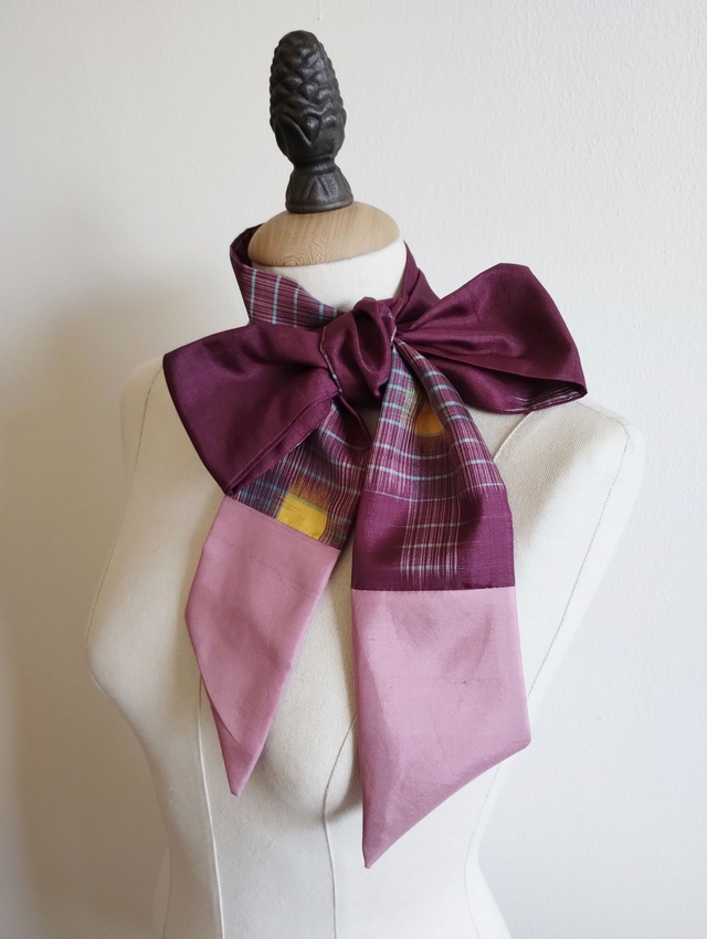 Violet Color Vintage japanese Kimono Silk Scarf, Geometric Pattern Japanese Silk Accessory