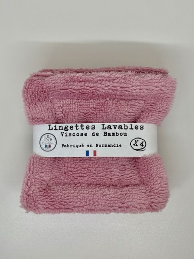 Coton lavable double face en éponge bambou "Vieux rose" X4