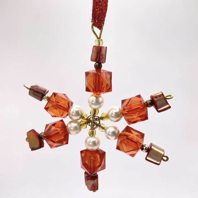 UPCYCLED Snowflake Star Christmas Decoration Red, Cream and Gold tone vintage beads