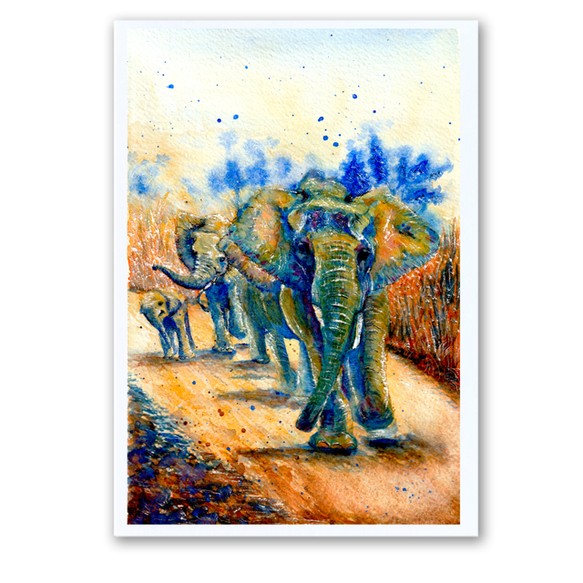A5 Elephant colony on a walk watercolour print