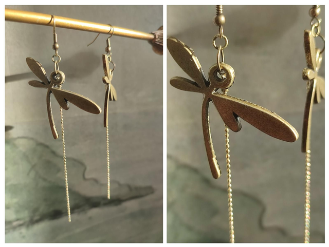 Z- Libellule en bronze et chaînes dorées sans nickel, pièce unique 