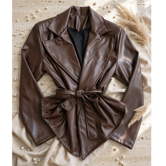 Giacca Similpelle con Cintura Cioccolato