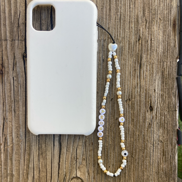 Grigri de téléphone Perlé blanc AMOUR - Taille S