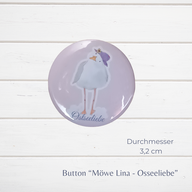"Möwe Lina - Ostseeliebe"  Button mit Magnet & Anstecknadel