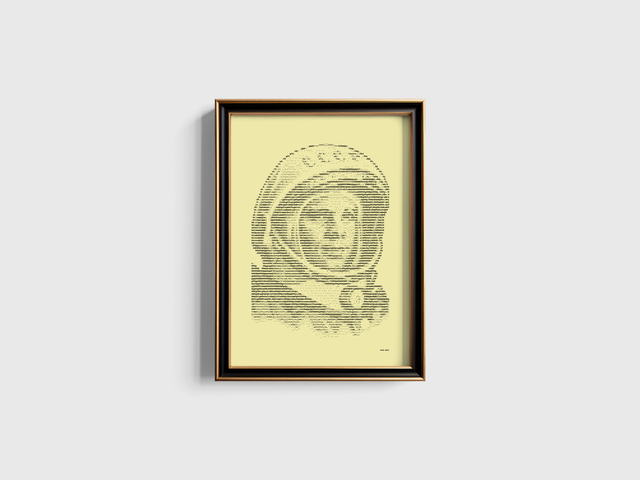 A3 Schreibmaschinen-Porträt Jurij Gagarin in Schwarz auf Elfenbein