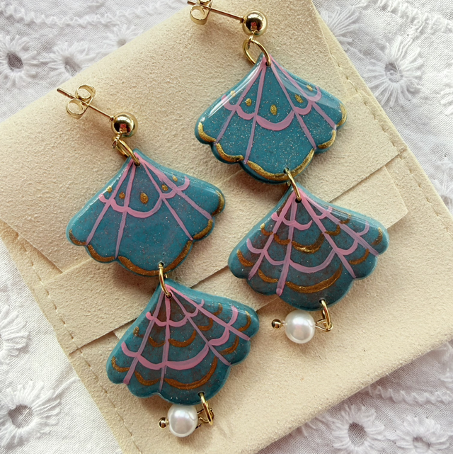 Teal and Pink Shimmer Seashell Long Dangle Pearl Earrings