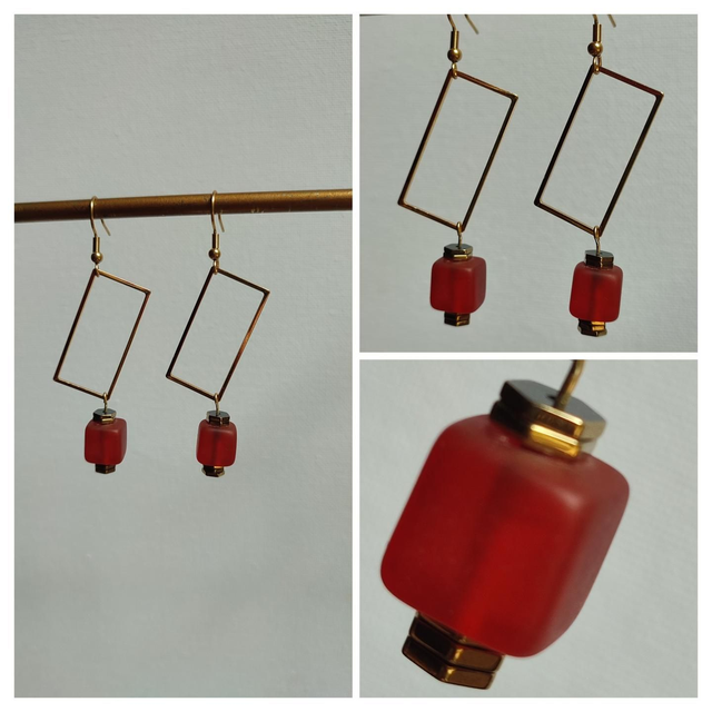 Z-Boucles d&#039;oreilles carré verre orange et rectangles acier inoxydable doré -sans nickel, pièce unique 