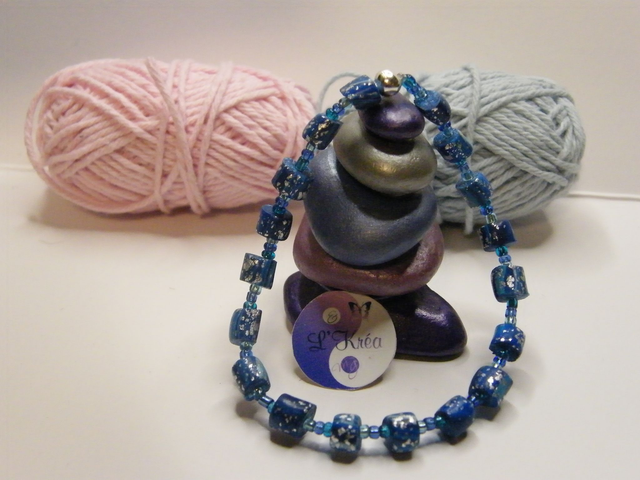 Perles Bleu/Feuille argentée