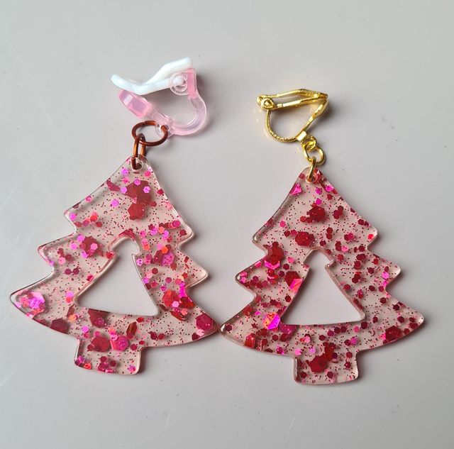 Earrings Christmas tree shaped transparent red glitter clip ons