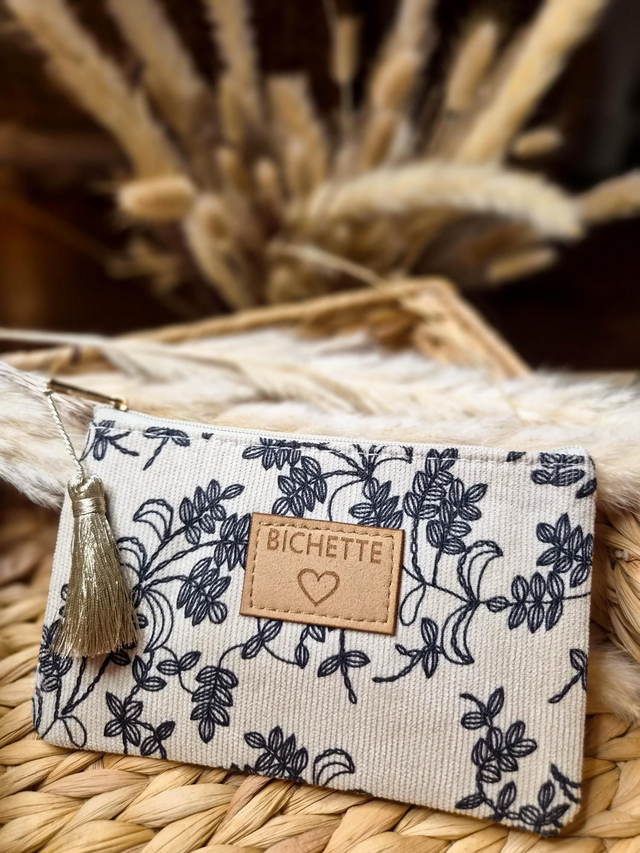Pochette à message velours "Bichette" - Modèle beige et noir