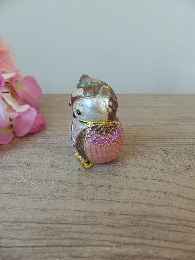 Pilulier Boite à Bijoux Miniature Boite à Secrets Articulée Chouette Hibou en Métal Emaillé avec Strass Vintage, Hibou Porte Bonheur Déco