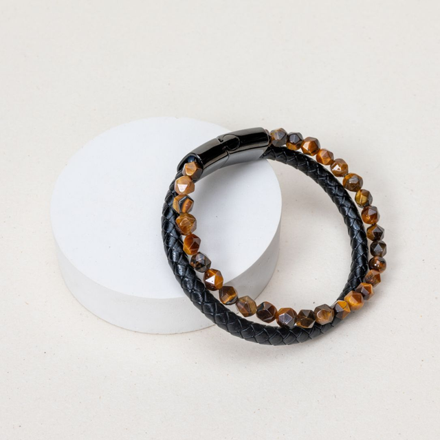 Bracelet Cuir véritable et Oeil de Tigre - Taille unique 21cm