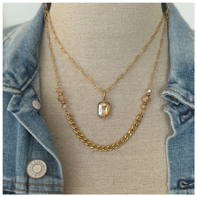 Collier double pampille strass champagne