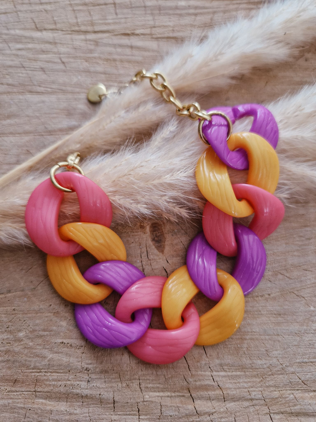 Bracelet maillons - Modèle fuchsia, orange, violet et doré
