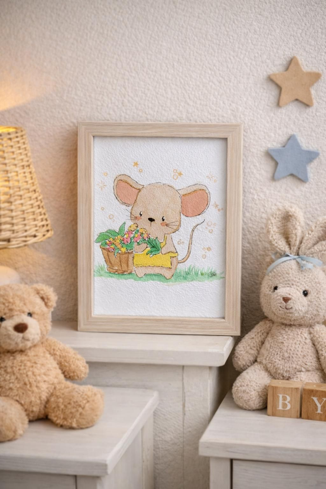 Souris jardinière - Aquarelle originale 10x15 cm