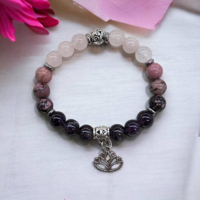 Amour et confiance en soi /Bracelet en Rhodonite, Quartz Rose &amp; Améthyste /8mm 