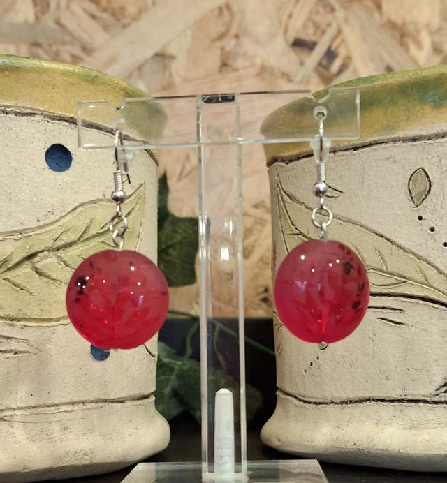 Boucles d'Oreilles verre rondes Charme effet glaçon rouge