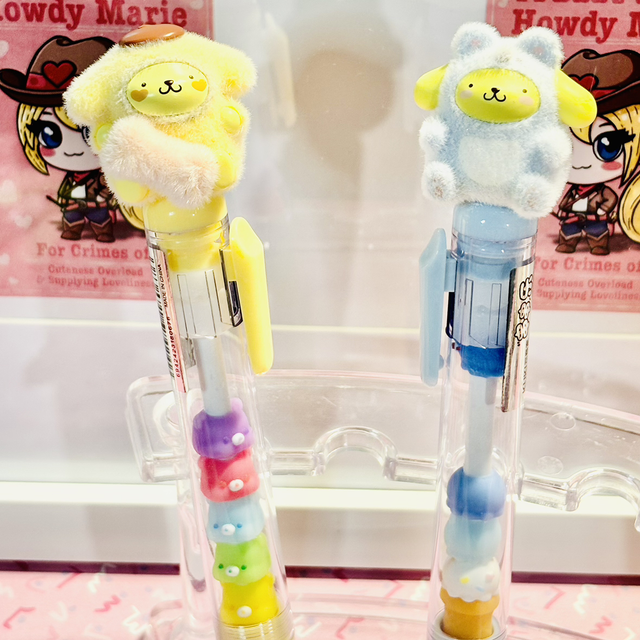 Authentic Pom Pom Sanrio figure fancy shaker pen in Yellow or Blue theme 