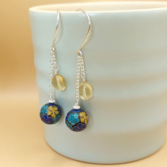Sterling silver earrings with citrine and vintage enamel floral beads