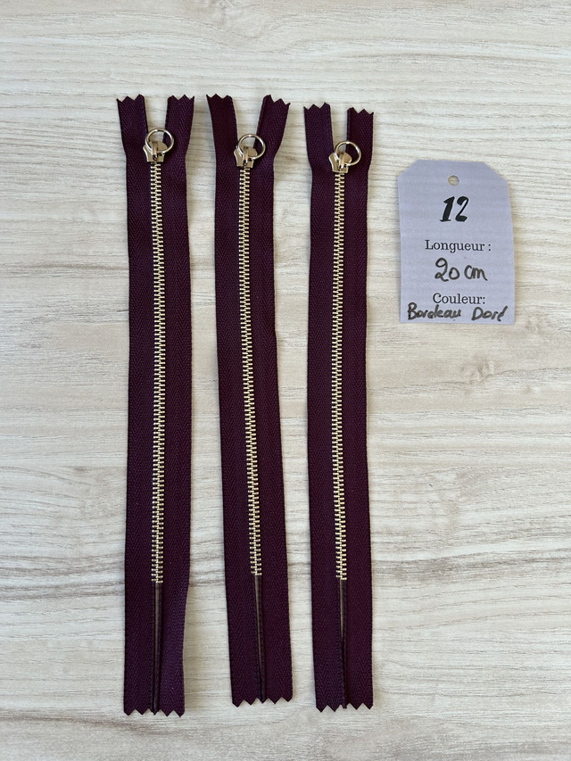 Fermetures éclair métallique bordeau doré 20cm
