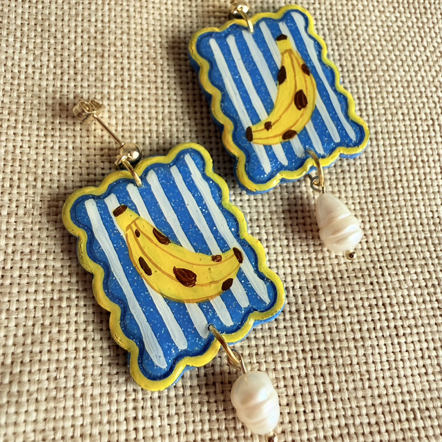 Banana Blue Sparkly Yellow Stripe Earrings - LIMITED EDITION